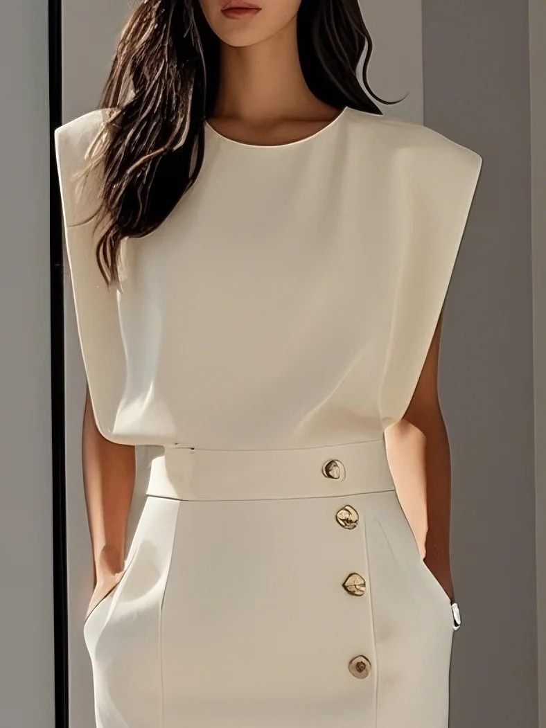 Solid Color Button Slit Crew Neck Sheath Midi Dress