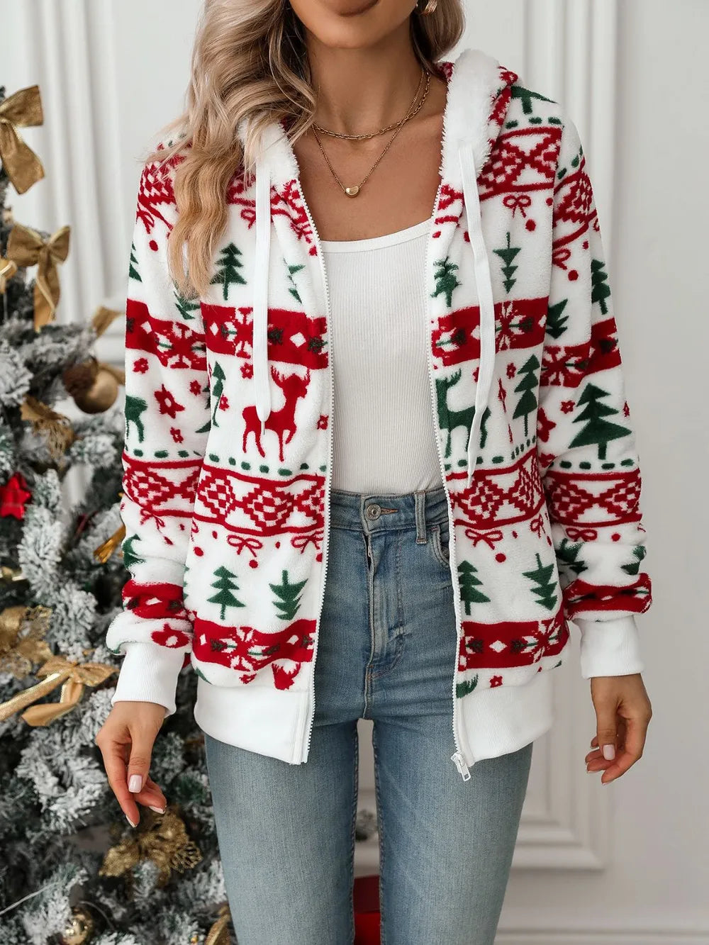 Fair Isle Snowflake Zip-Up Fleece Long Sleeve Drawstring Hoodie Pocket Jacket