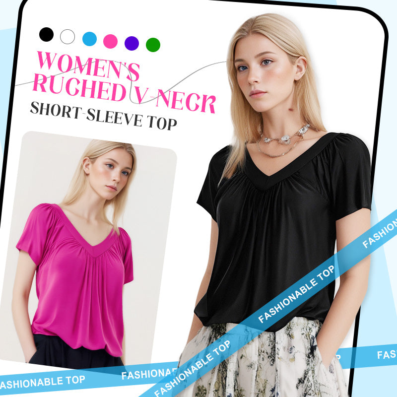 🎁Hot Sale 50% OFF⏳Women's Casual Pleated V-Neck Short-Sleeve Top