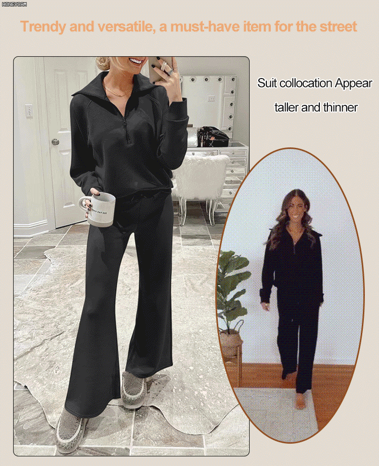 Women's Cotton Two-Piece Oversized Half-Zip Sweatshirt Wide Leg Sweatpants Casual Suit