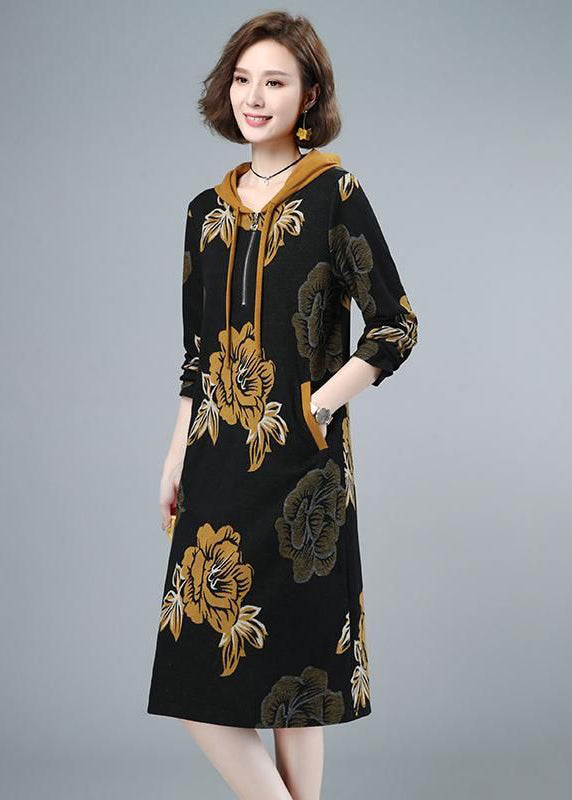 2026 Fashion Floral Cinched Velour Hooded Dress Fall