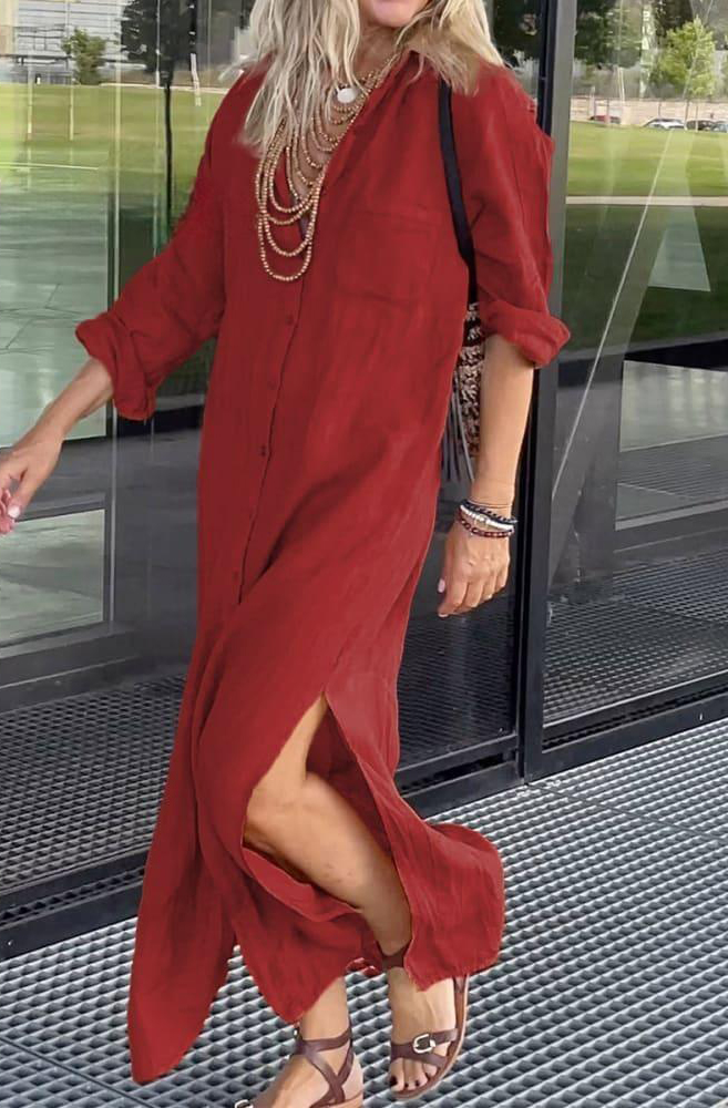 [S-3XL]2025 European and American new solid color V-neck half-sleeve dress