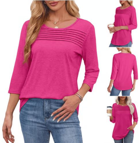 🔥 2025 Women's 3/4 Length Sleeve Top Pleated Front T-Shirt