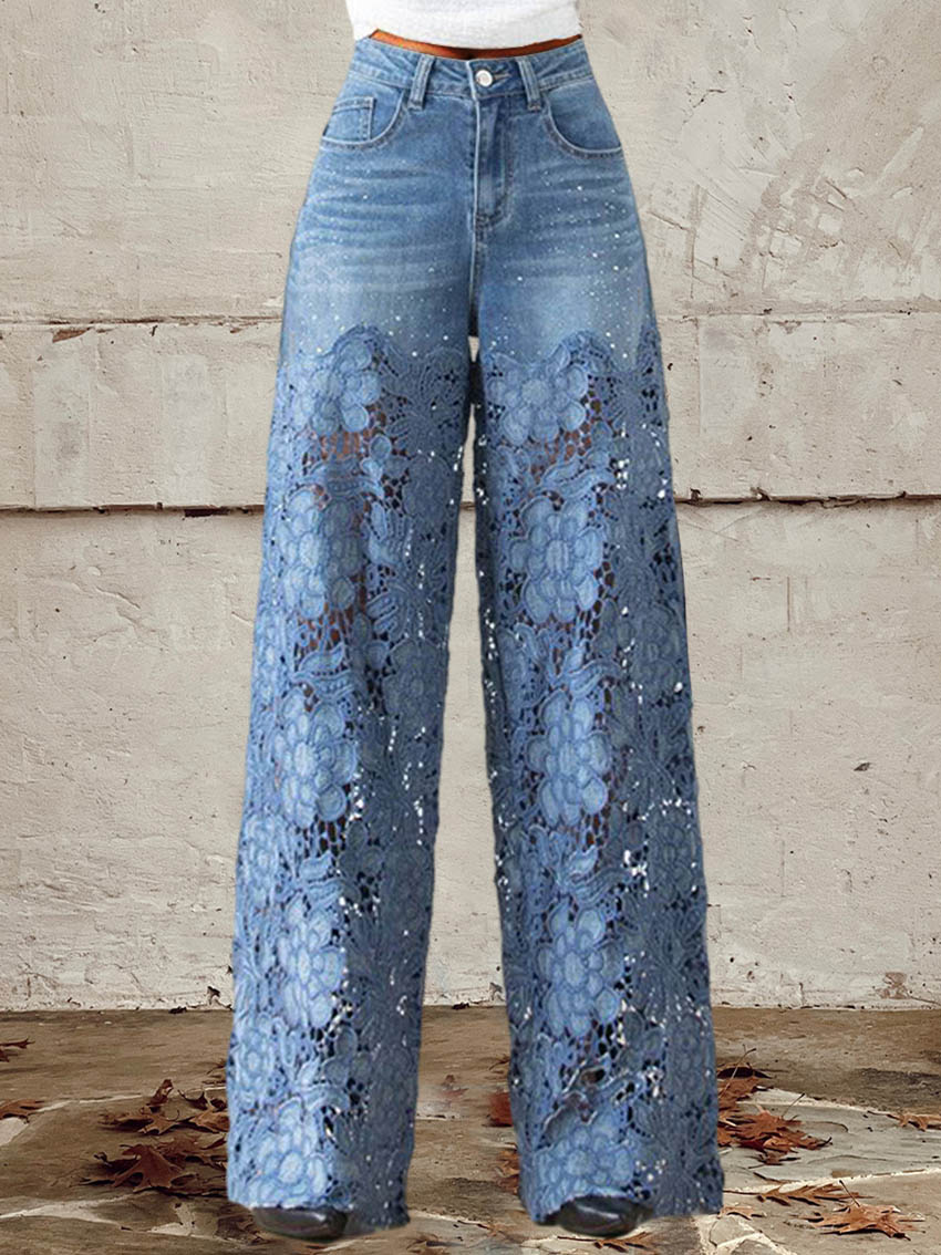 [S-3XL] 2025 Autumn and Winter New Wide-leg Lace Jeans