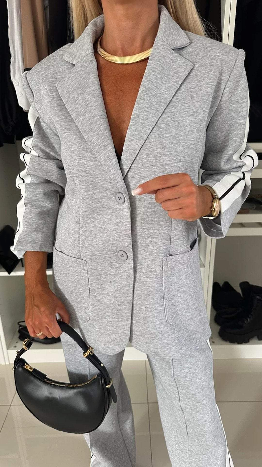 Bold Claim Sporty Patchwork Lapel Blazer and Elastic Waist Pocket Loose Pants Set