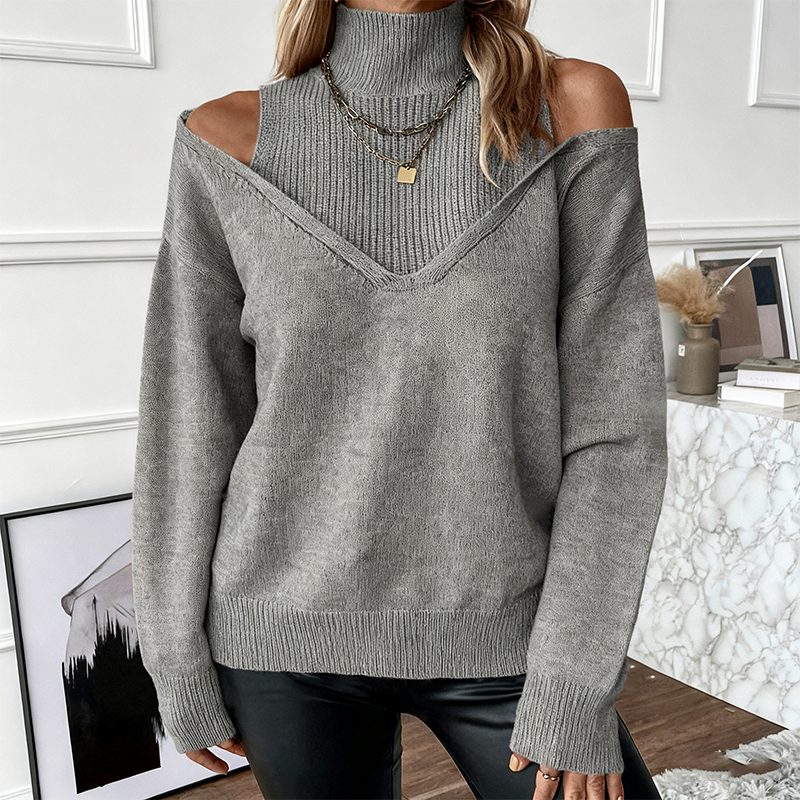 [S-XL] Fashionable women's high-neck off-the-shoulder cardigan