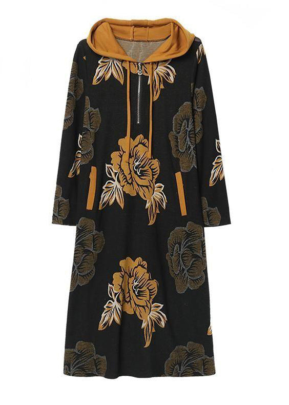 2026 Fashion Floral Cinched Velour Hooded Dress Fall