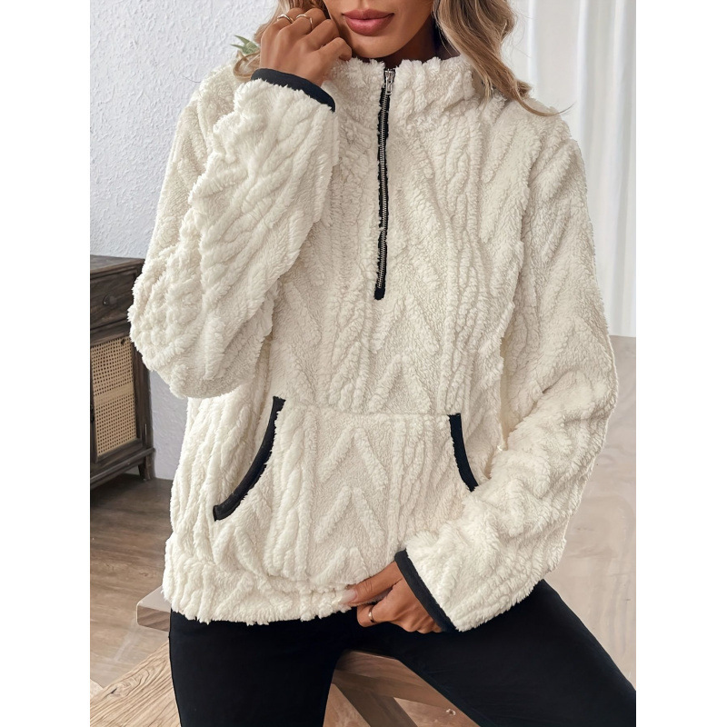 跨境2024秋冬季新款欧美翻领小香风提花半拉链毛绒口袋短款卫