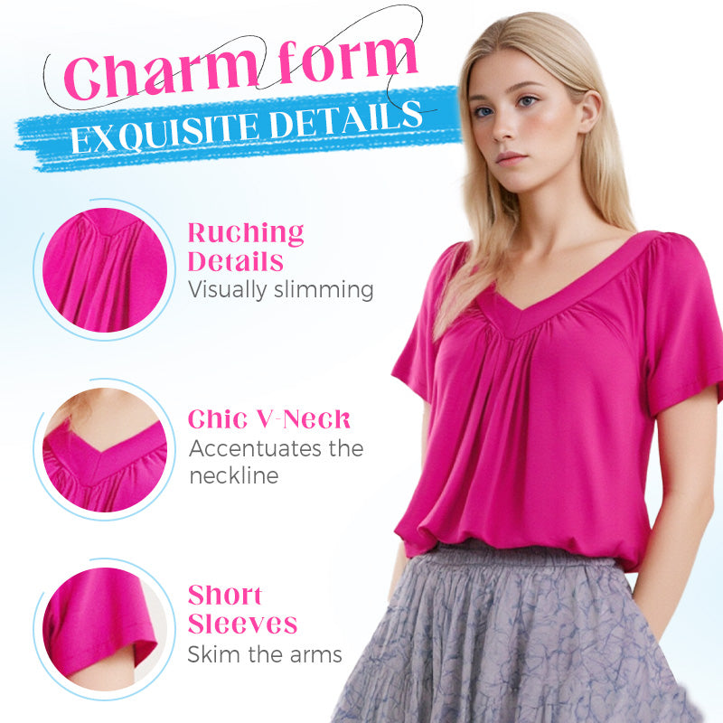 🎁Hot Sale 50% OFF⏳Women's Casual Pleated V-Neck Short-Sleeve Top