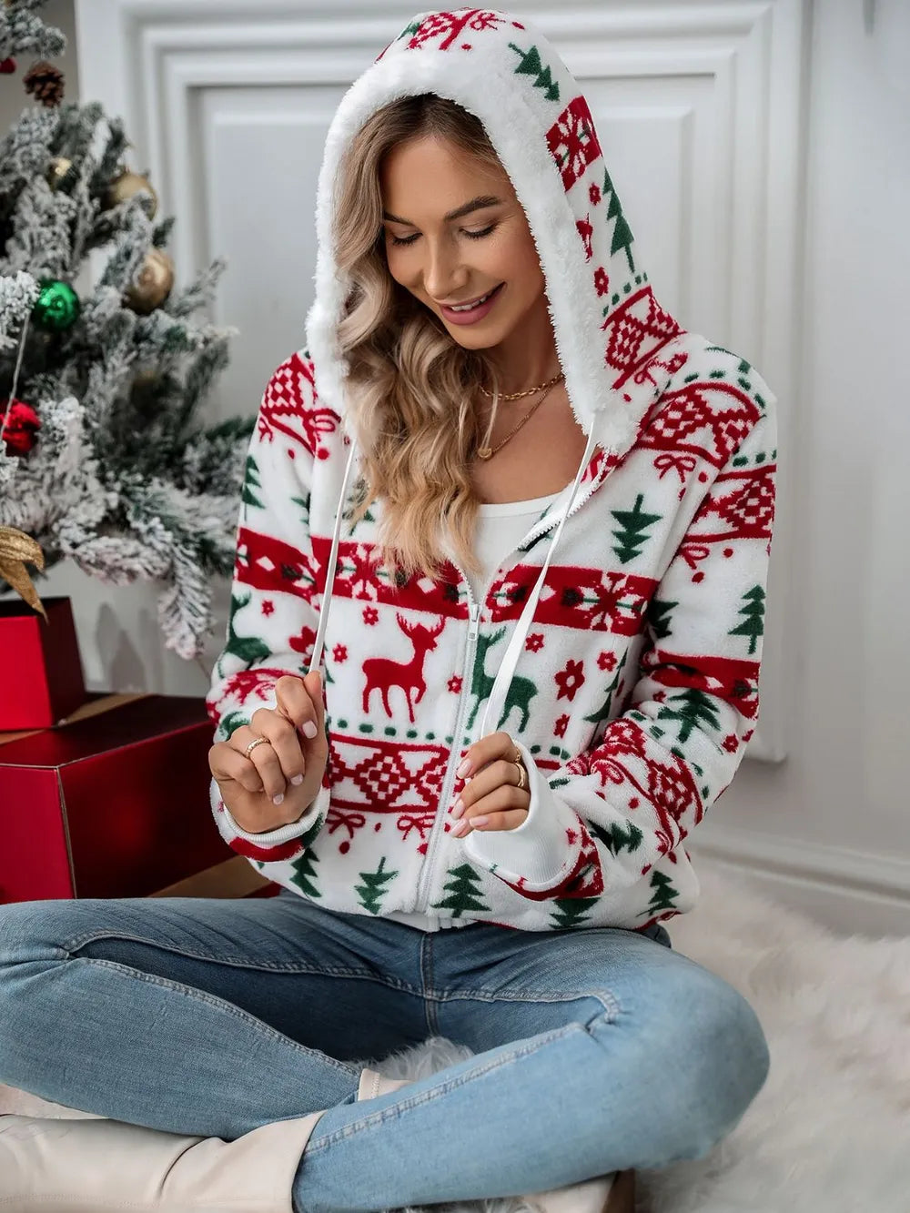 Fair Isle Snowflake Zip-Up Fleece Long Sleeve Drawstring Hoodie Pocket Jacket