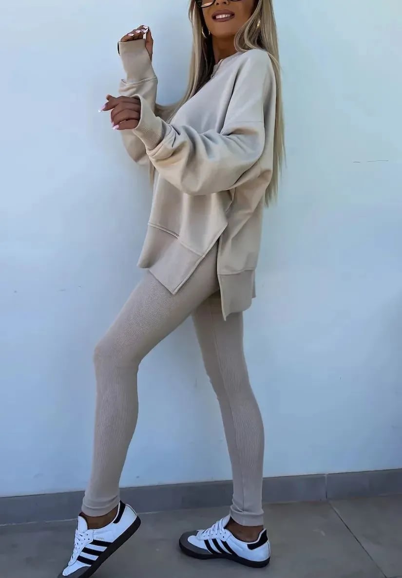 Women's Comfy Loose Slit Sweatshirt and Elastic Waist Tight Pants Set