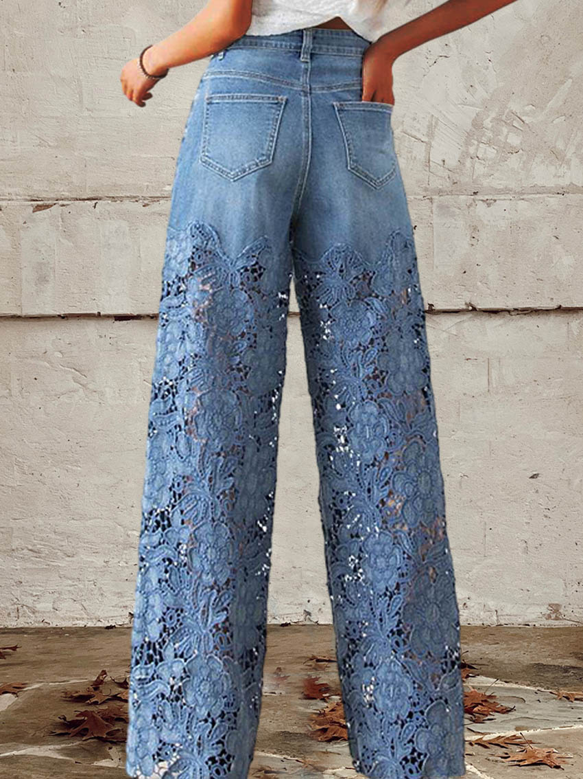 [S-3XL] 2025 Autumn and Winter New Wide-leg Lace Jeans