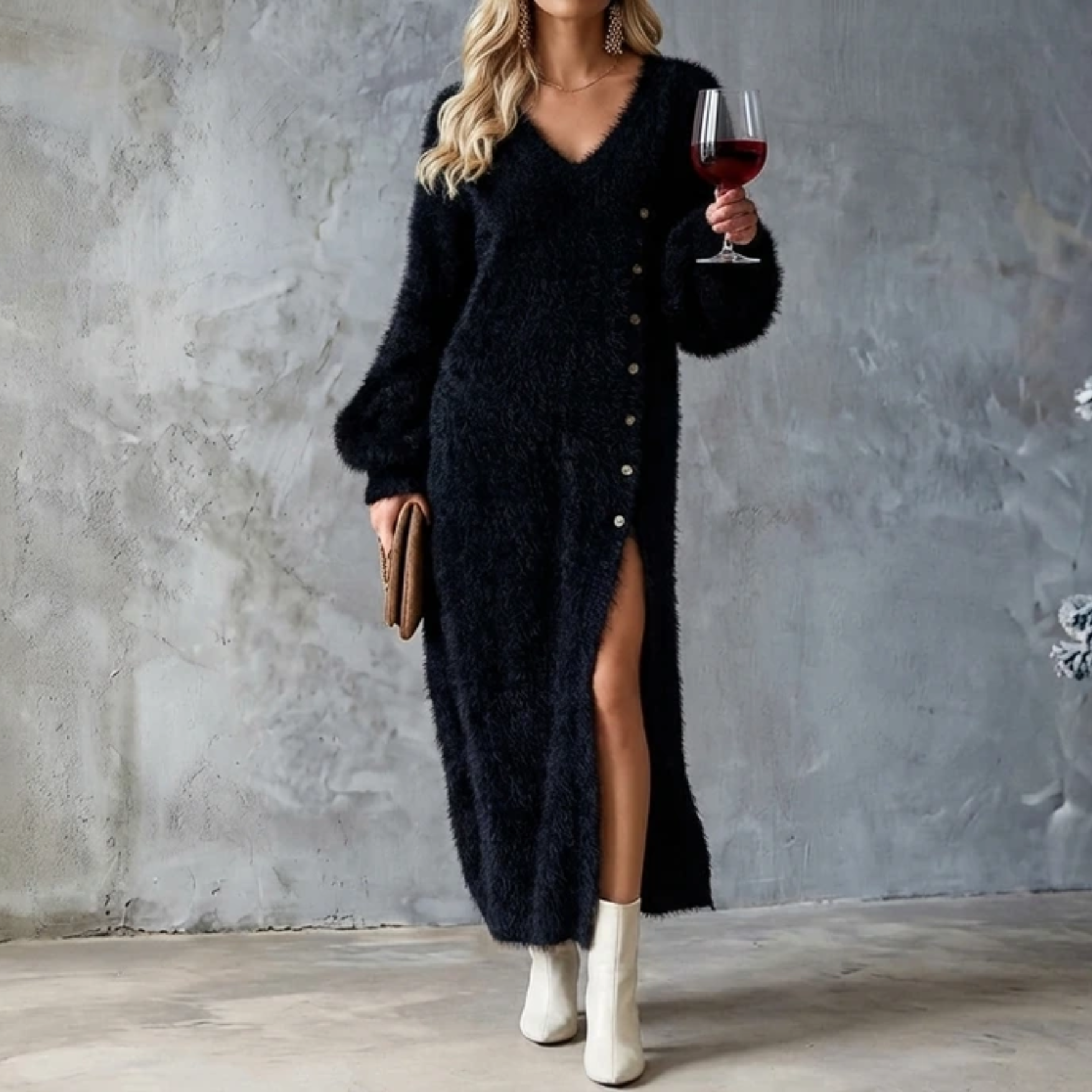 2026 Autumn/Winter V-neck loose and relaxed style dress with button details and side slits.
