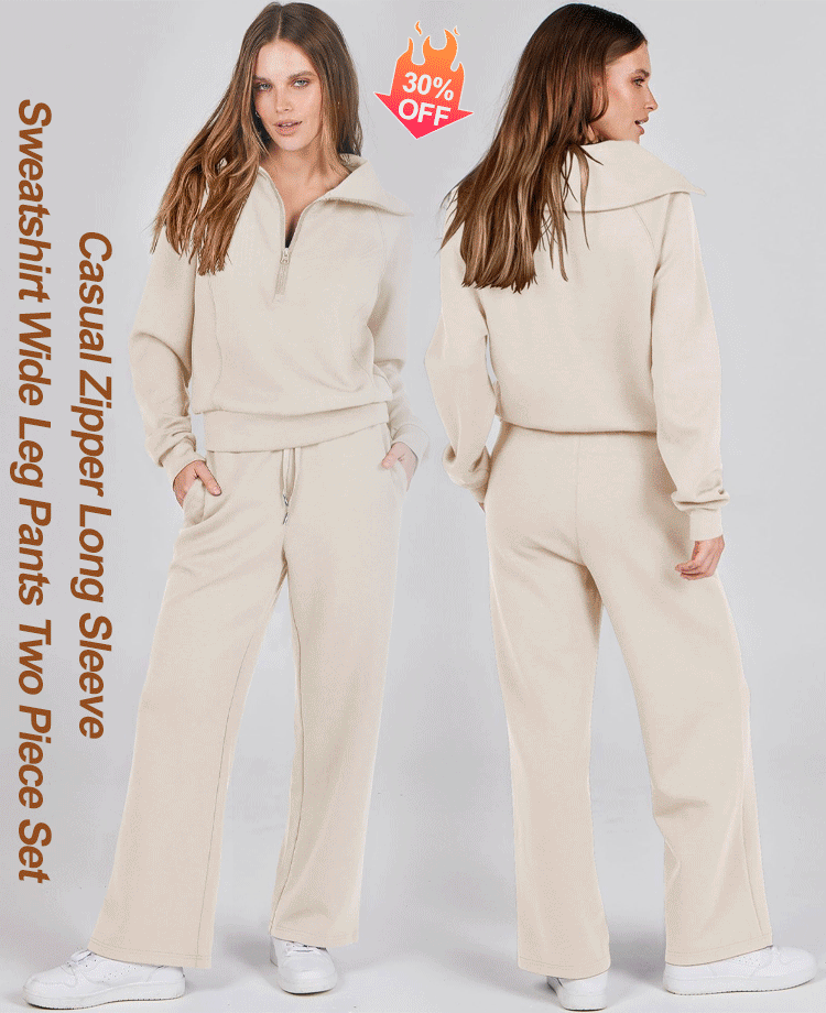 Women's Cotton Two-Piece Oversized Half-Zip Sweatshirt Wide Leg Sweatpants Casual Suit