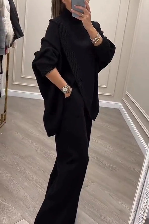 Solid Color Loose-fitting Turtleneck Knit Top and Elastic Waist Casual Pocket Straight Leg Pants