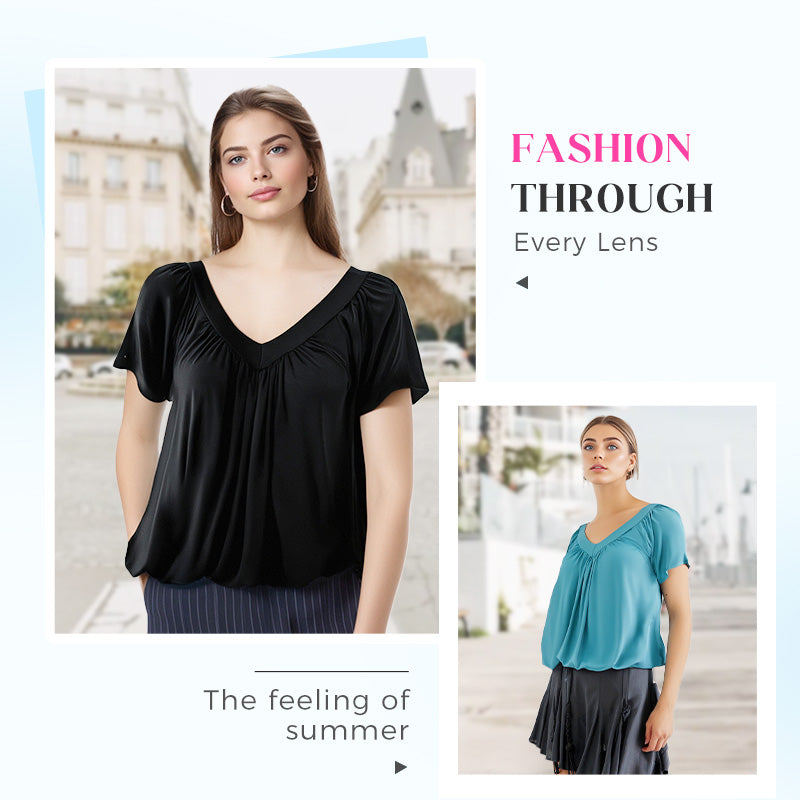 🎁Hot Sale 50% OFF⏳Women's Casual Pleated V-Neck Short-Sleeve Top