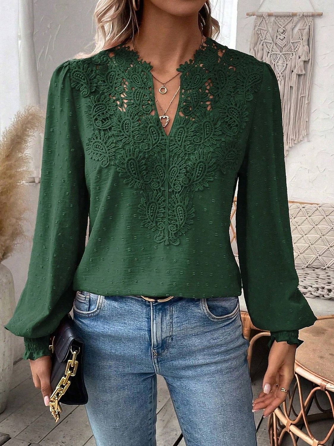 Women's Solid Color Long Sleeve Casual Lace Patchwork Top