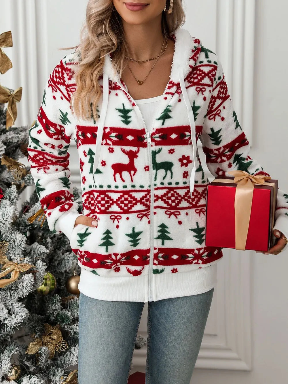 Fair Isle Snowflake Zip-Up Fleece Long Sleeve Drawstring Hoodie Pocket Jacket