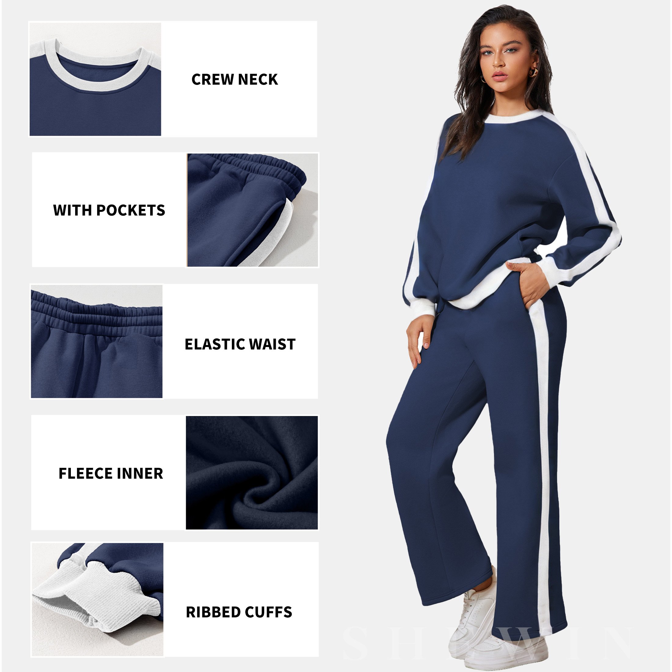 SHEWIN Womens Sweatsuits 2 Piece Set Fleece Lined Outfits Crew Neck Colorblock Long Sleeve Sweatshirt Jogger Pants Tracksuit Set with Pockets SHEWIN Womens Sweatsuits 2 Piece Set Fleece Lined Outfits Crew Neck Colorblock Long Sleeve Sweatshirt Jogger Pants Tracksuit Set with Pockets