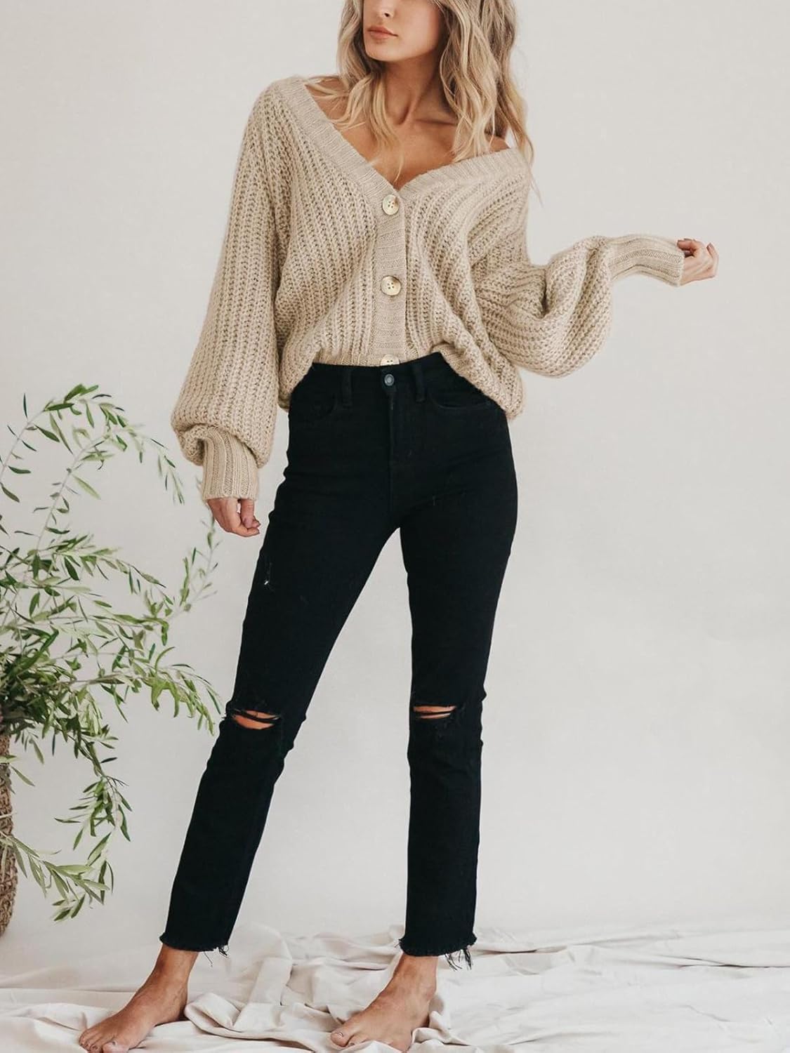 Women's Chunky Knit Cardigan Sweater Long Sleeve Button Loose Cardigan Jacket
