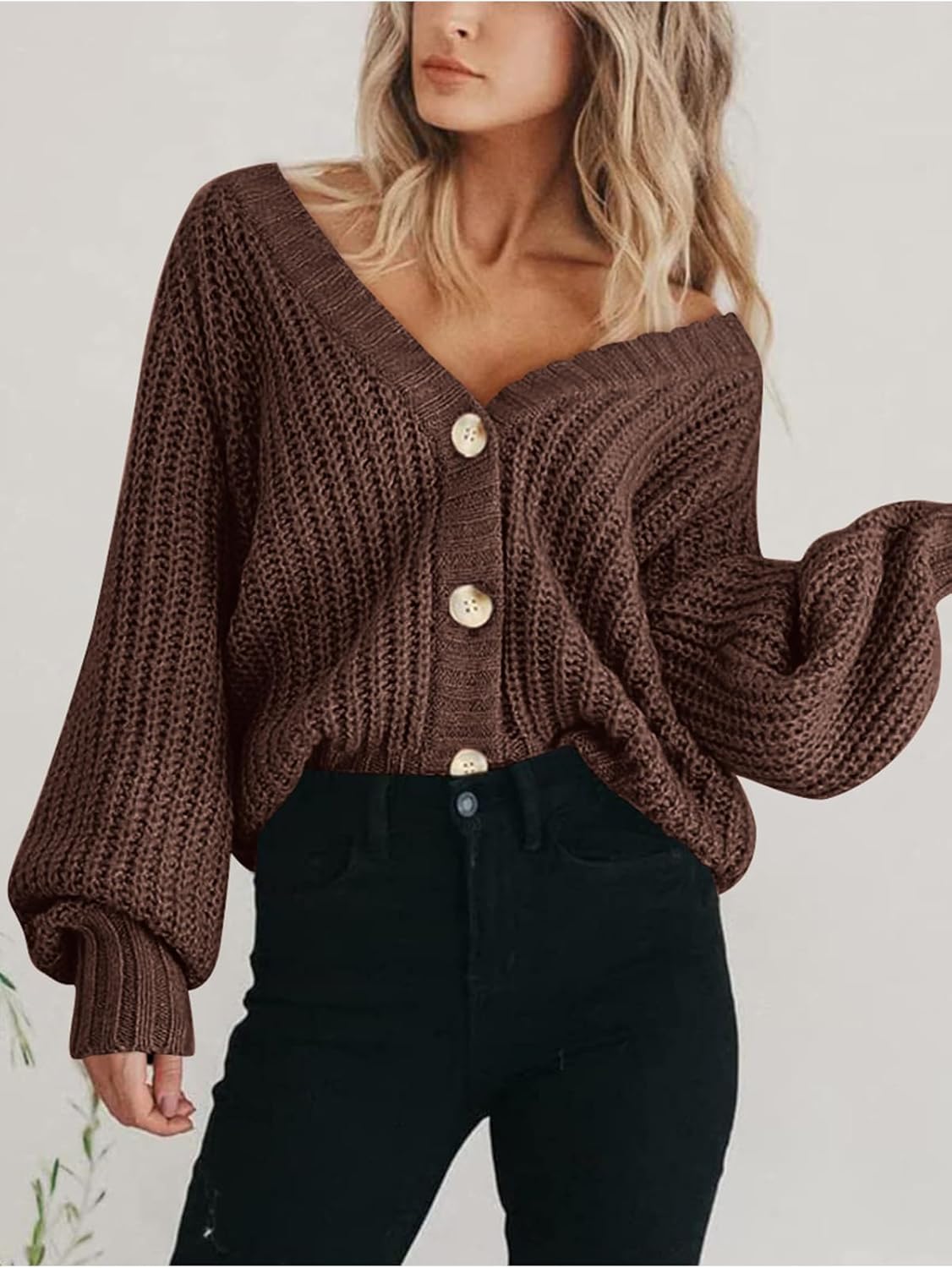 Women's Chunky Knit Cardigan Sweater Long Sleeve Button Loose Cardigan Jacket