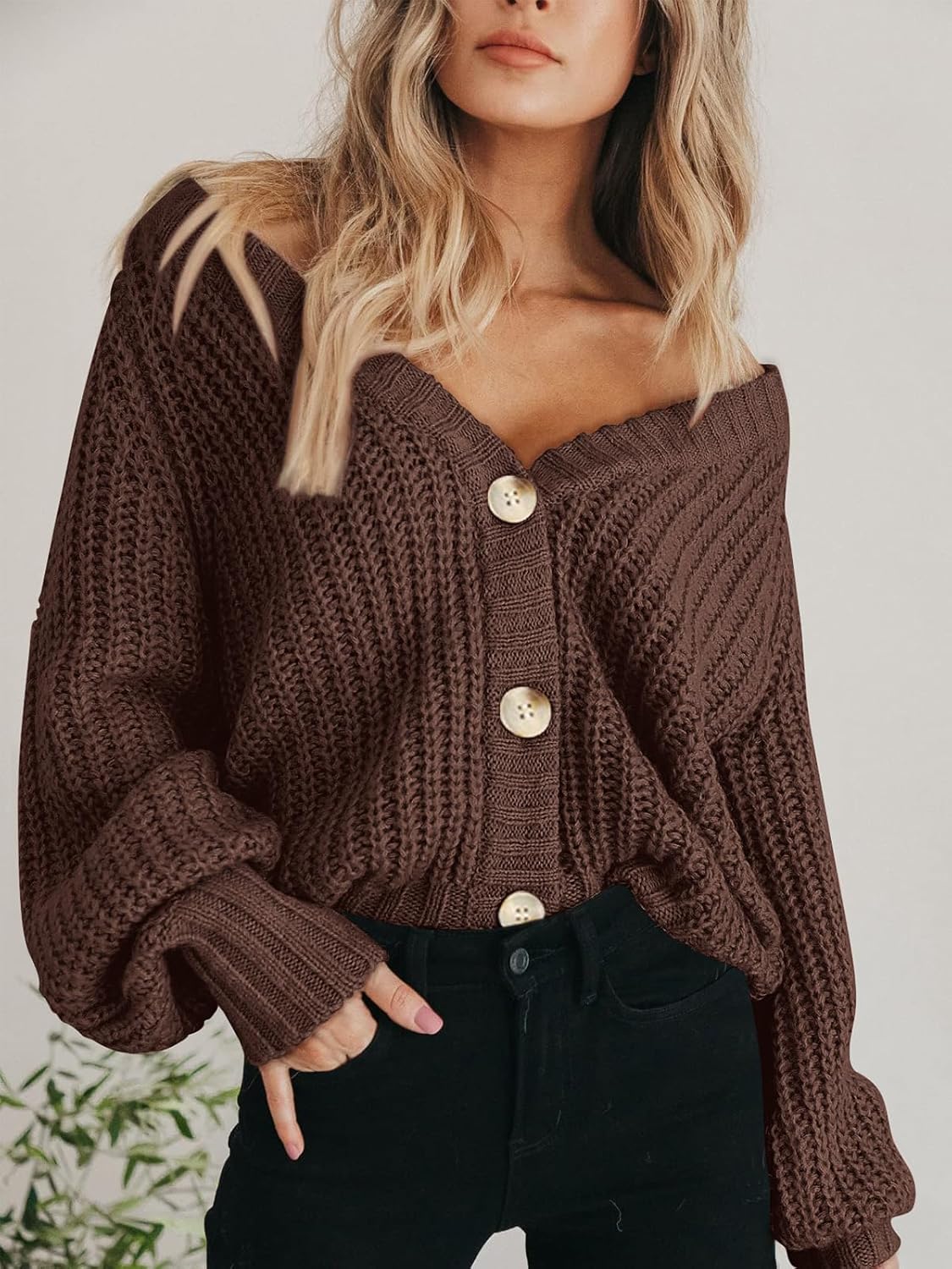 Women's Chunky Knit Cardigan Sweater Long Sleeve Button Loose Cardigan Jacket