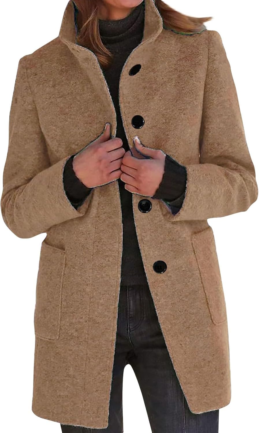 2025🔥Women's Long Casual Solid Color Wool Thicken Long Sleeved Stand-up Coat