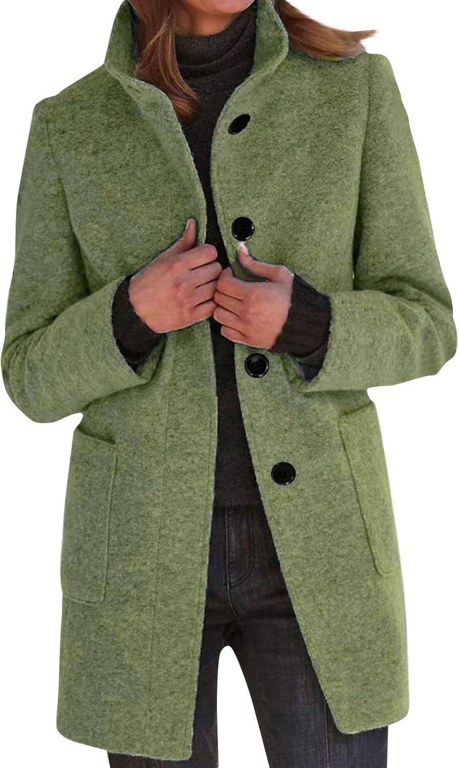 2025🔥Women's Long Casual Solid Color Wool Thicken Long Sleeved Stand-up Coat