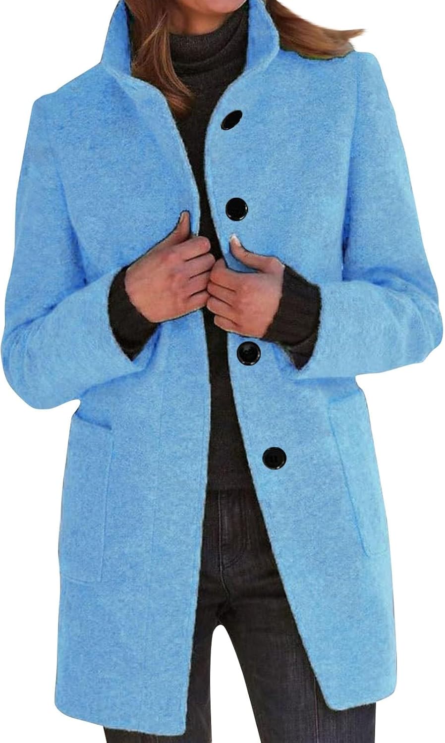 2025🔥Women's Long Casual Solid Color Wool Thicken Long Sleeved Stand-up Coat