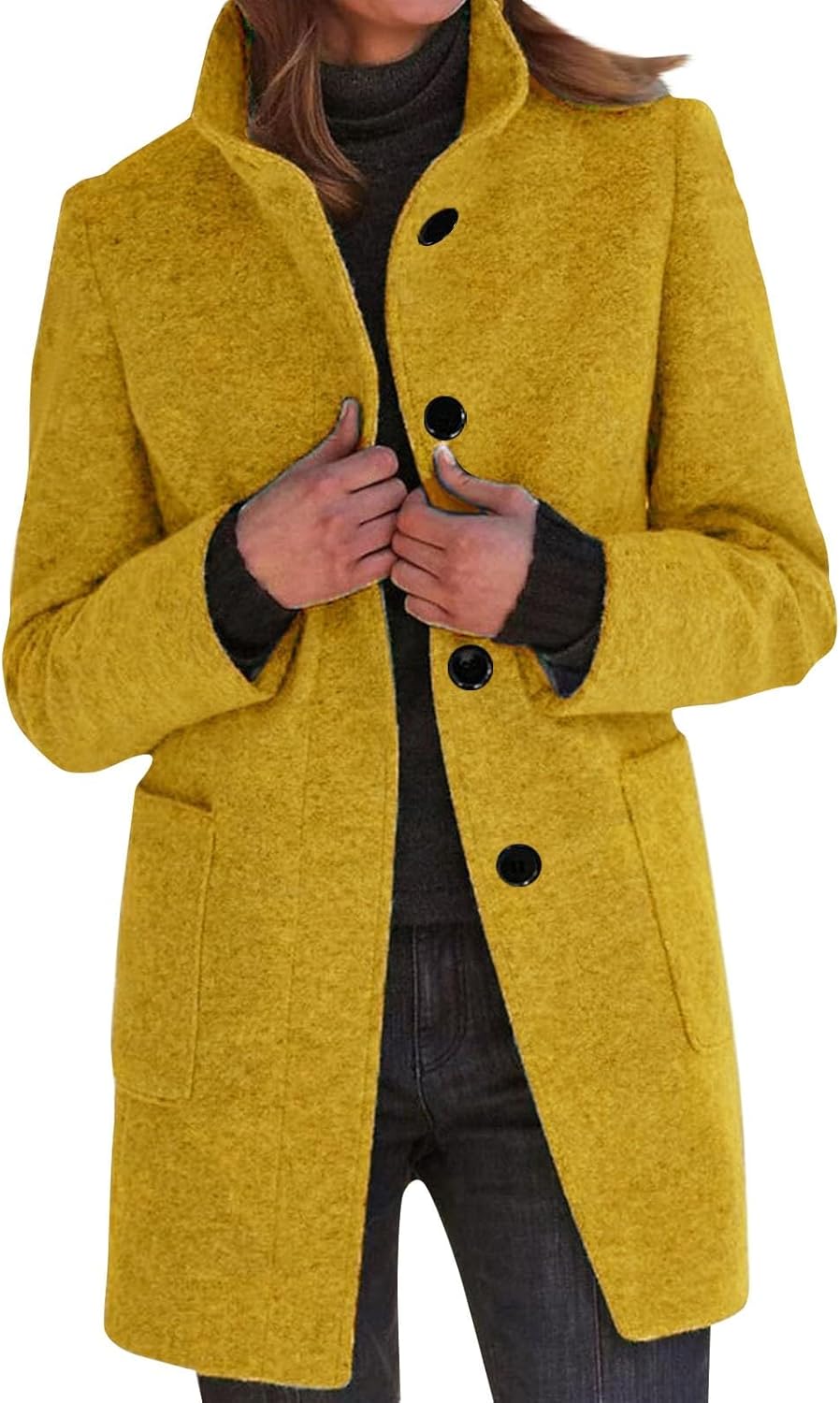 2025🔥Women's Long Casual Solid Color Wool Thicken Long Sleeved Stand-up Coat