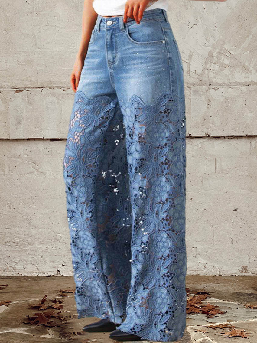 [S-3XL] 2025 Autumn and Winter New Wide-leg Lace Jeans