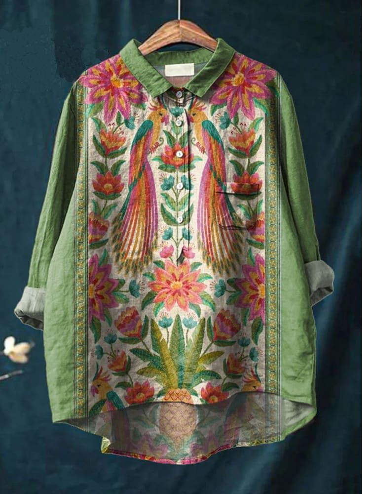 Women's Vintage Lovely Floral Birds Art Print Casual Cotton And Linen Shirt