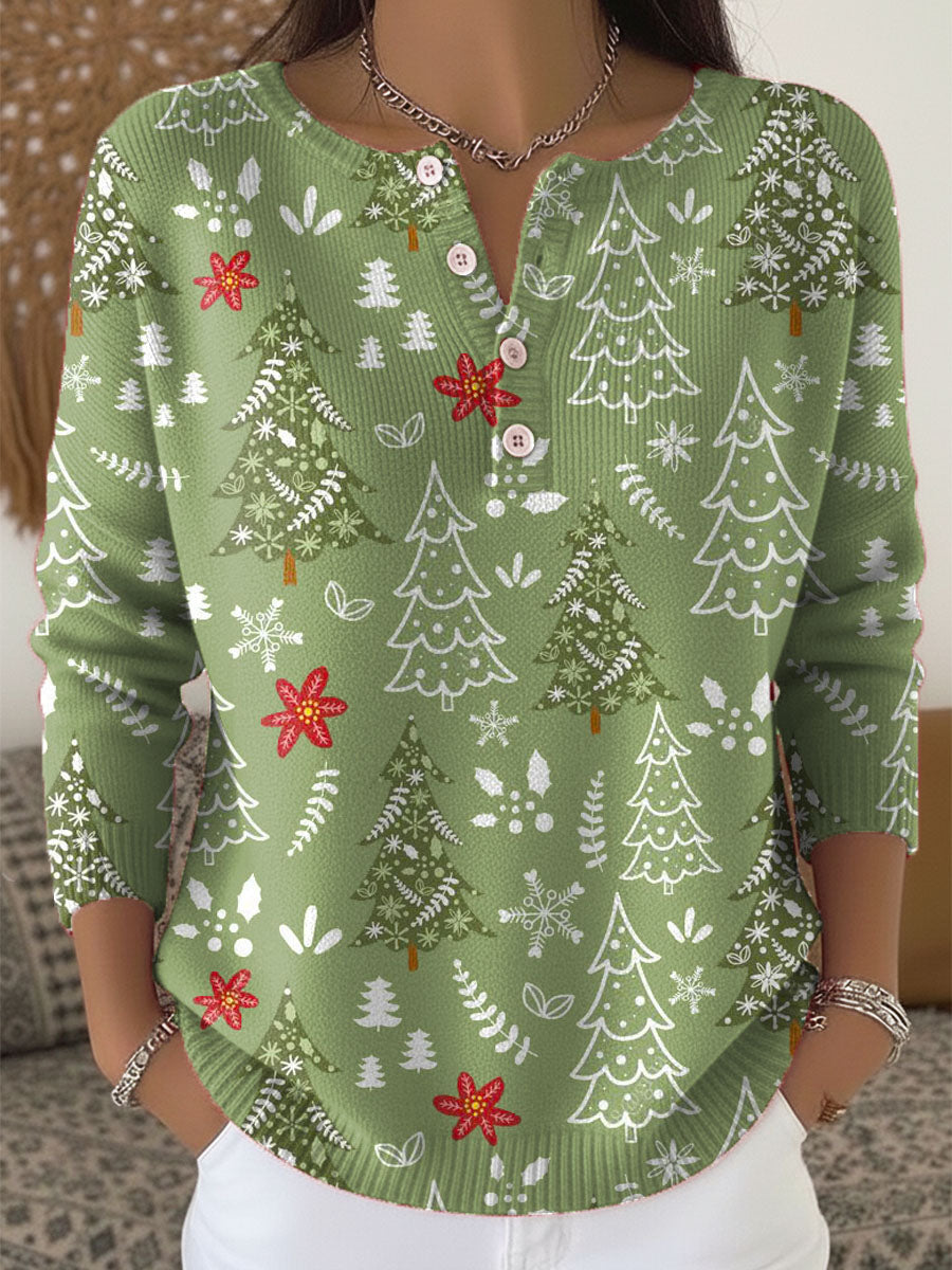 Christmas Women's Elegant and Stylish Patterned Round Neck Sweater with Button Print