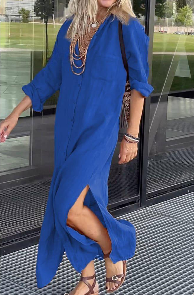 [S-3XL]2025 European and American new solid color V-neck half-sleeve dress