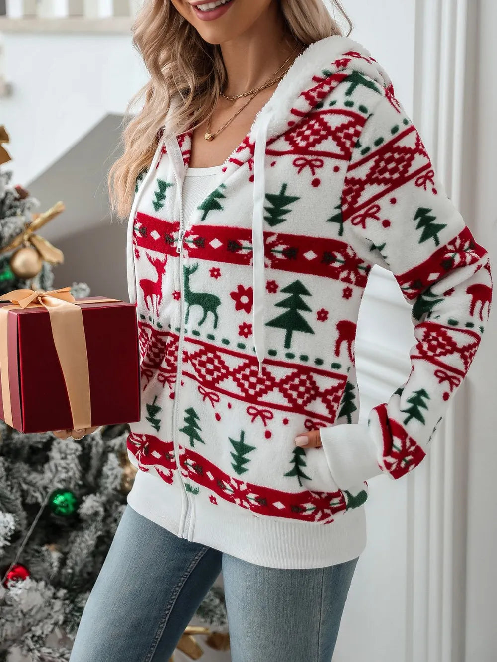 Fair Isle Snowflake Zip-Up Fleece Long Sleeve Drawstring Hoodie Pocket Jacket