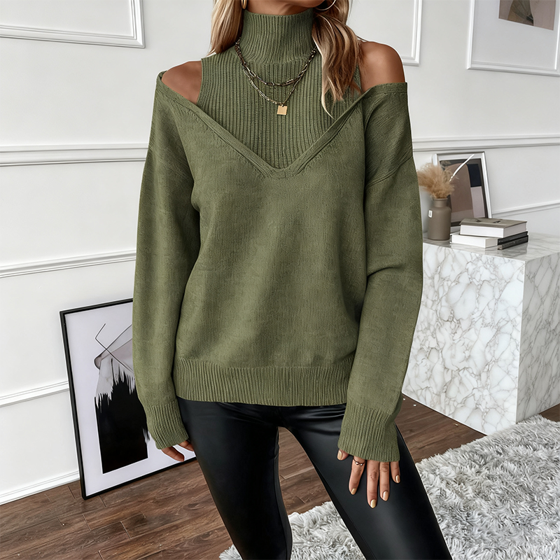 [S-XL] Fashionable women's high-neck off-the-shoulder cardigan