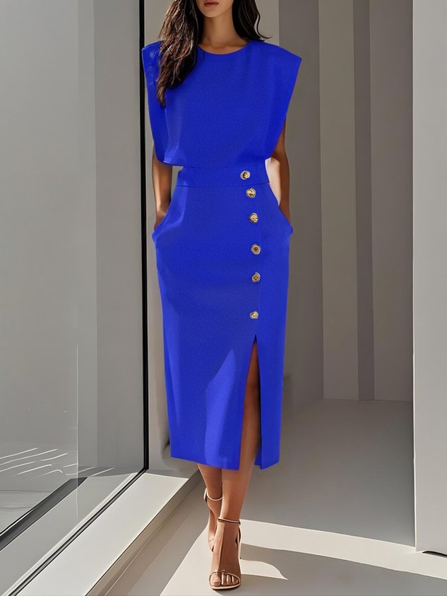 Solid Color Button Slit Crew Neck Sheath Midi Dress