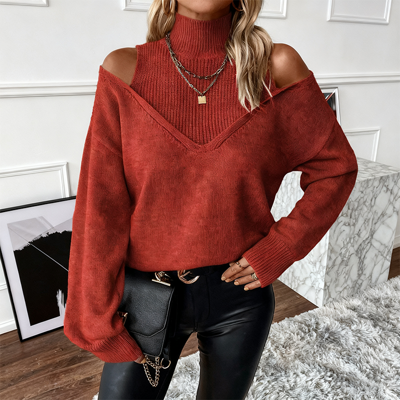 [S-XL] Fashionable women's high-neck off-the-shoulder cardigan
