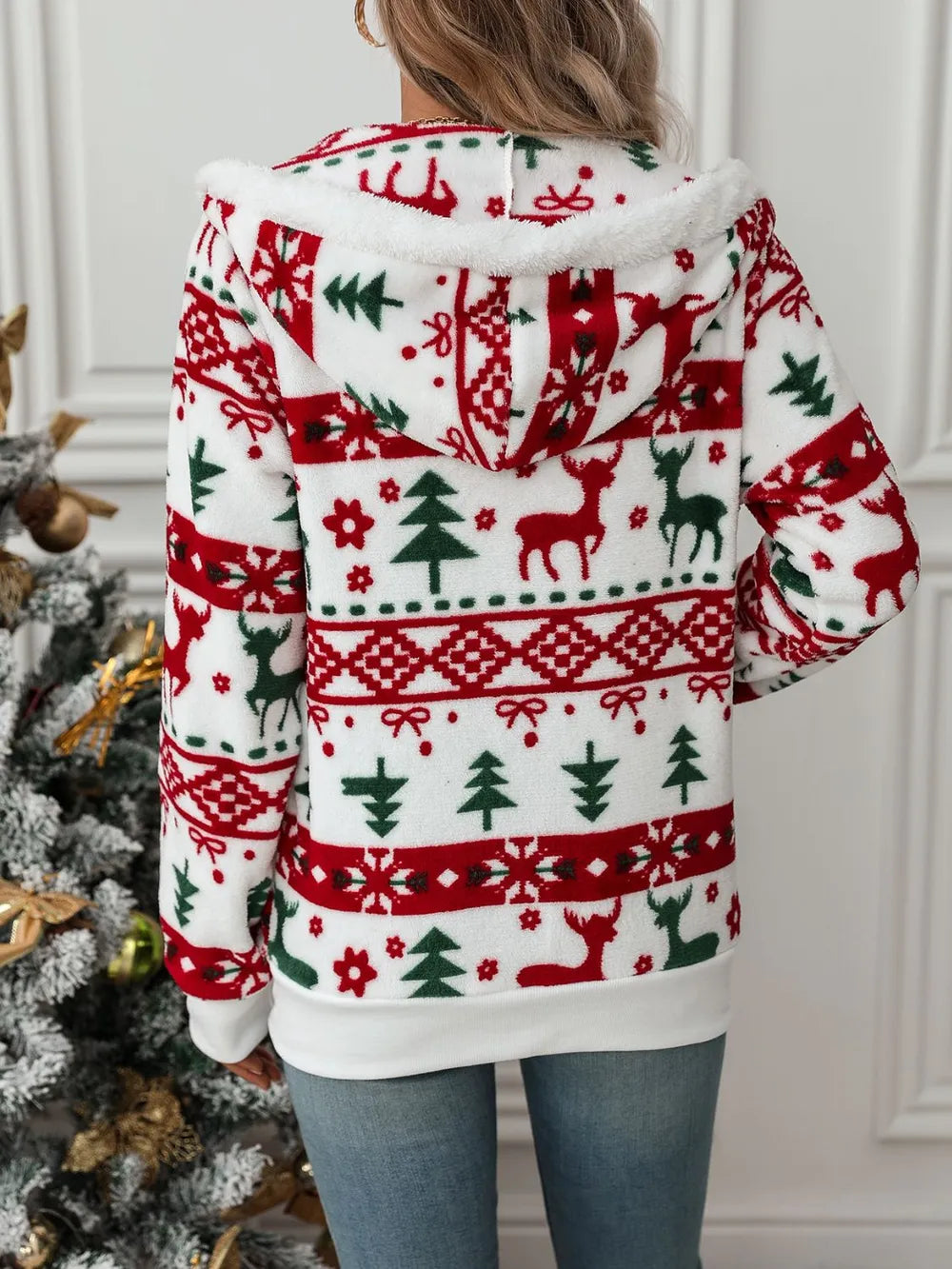 Fair Isle Snowflake Zip-Up Fleece Long Sleeve Drawstring Hoodie Pocket Jacket