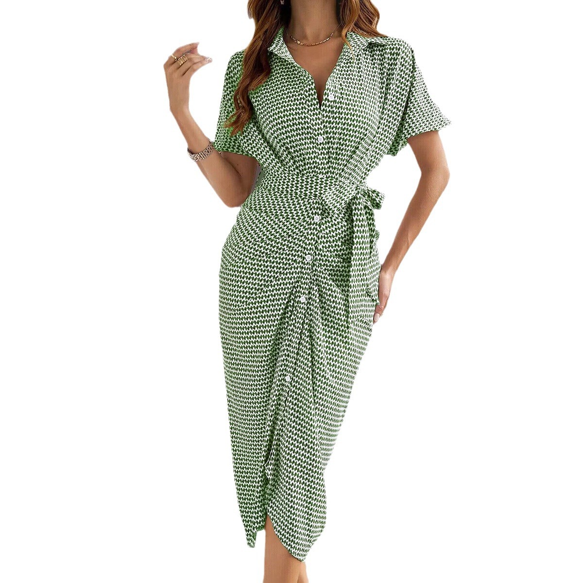 Kaikuo Cross-Border Aliexpress 2026 Spring And Summer European And American Foreign Trade Women'S V-Neck High-Waisted Temperament Breasted Short-Sleeved Dress