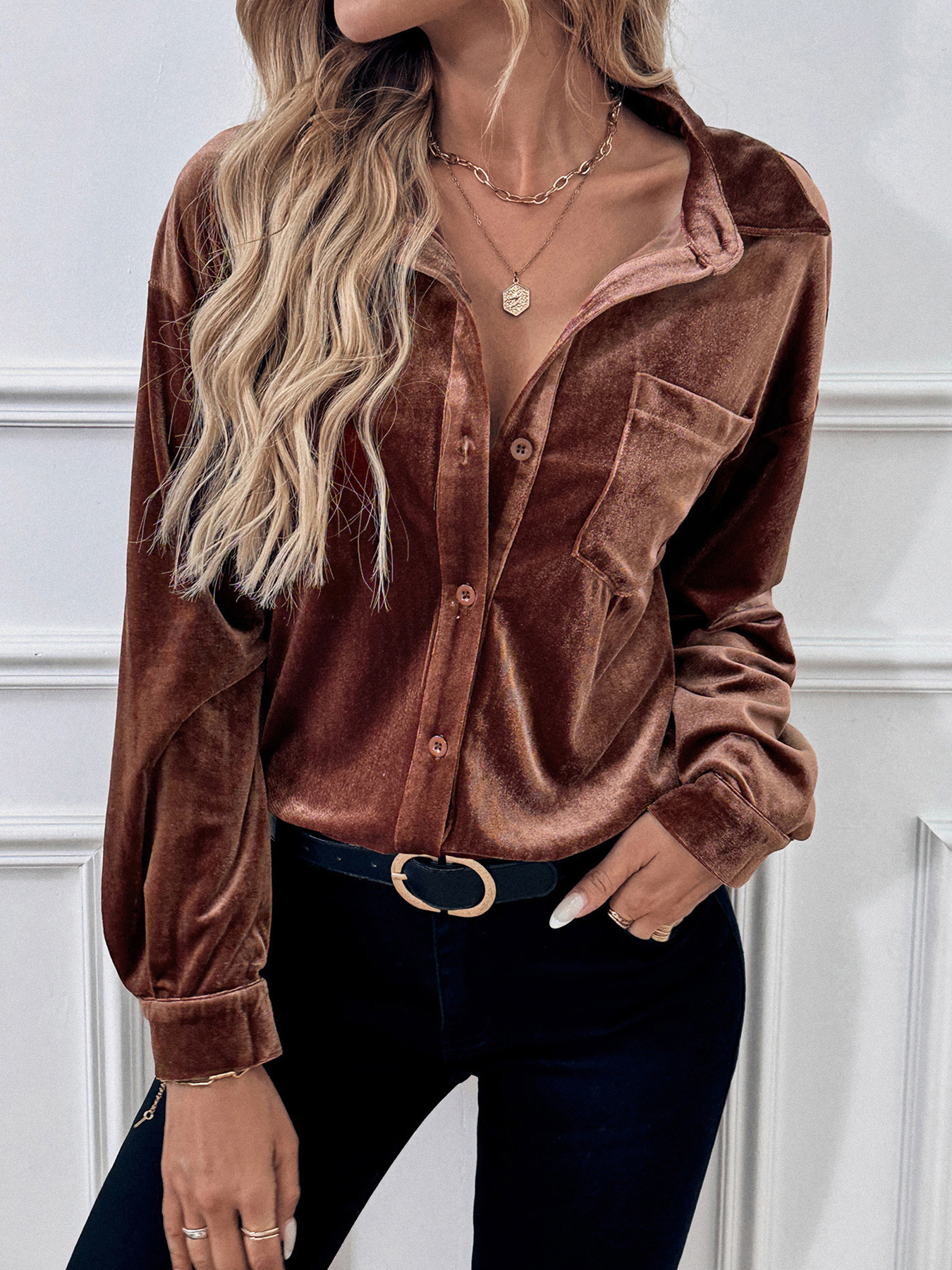 2026 New velvet cardigan single-breasted shirt