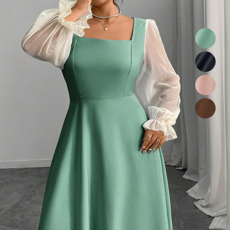 【XL-4XL】2025 Autumn and Winter New Style Temperament Solid Color Puff Sleeve Dress