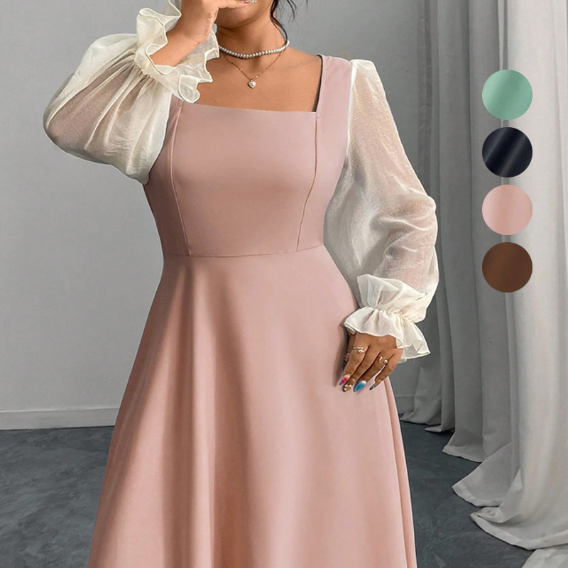 【XL-4XL】2025 Autumn and Winter New Style Temperament Solid Color Puff Sleeve Dress