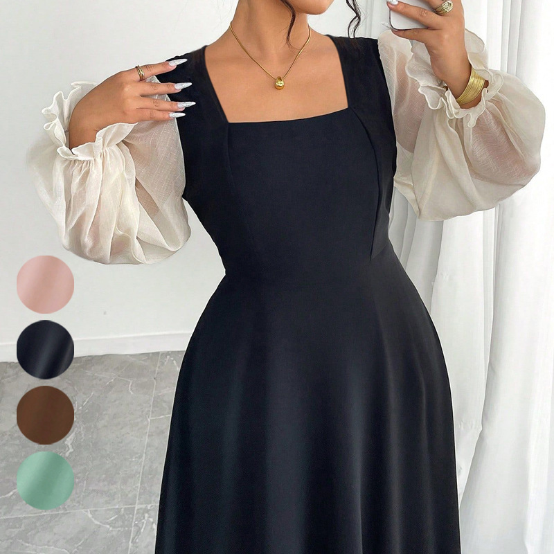 【XL-4XL】2025 Autumn and Winter New Style Temperament Solid Color Puff Sleeve Dress