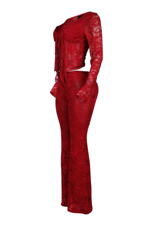 Jacquard Ruffle V Neck Top Flare Leg Pants Elegant 2pcs Set-Red [Pre Order]
