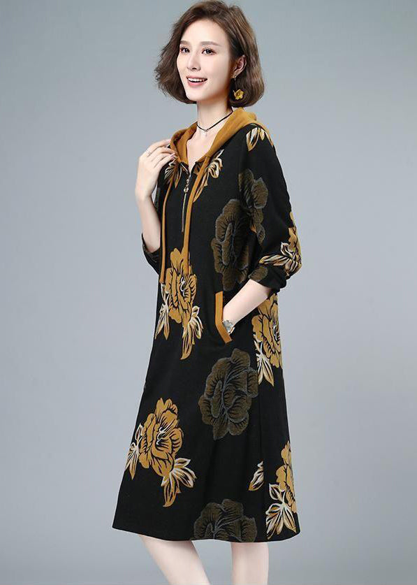 2026 Fashion Floral Cinched Velour Hooded Dress Fall