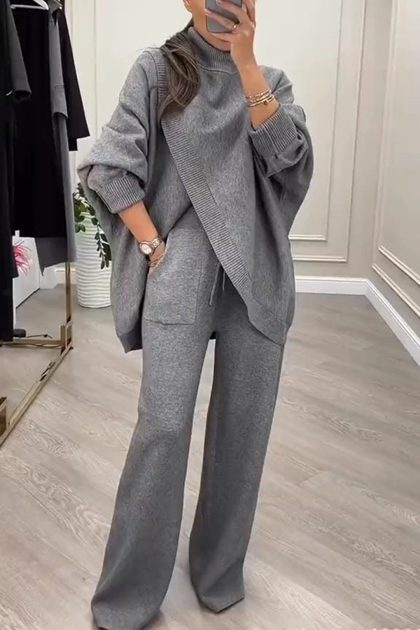 Solid Color Loose-fitting Turtleneck Knit Top and Elastic Waist Casual Pocket Straight Leg Pants