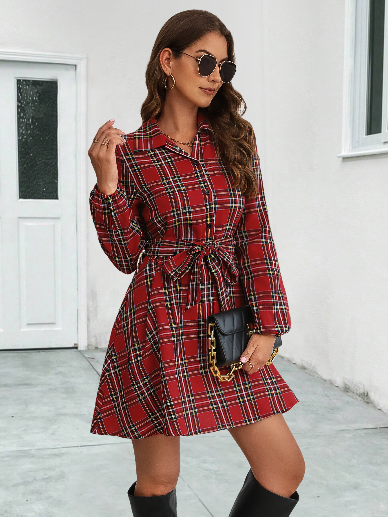 【S-XL】2025 Autumn/Winter New Plaid Lantern Sleeve Shirt Dress