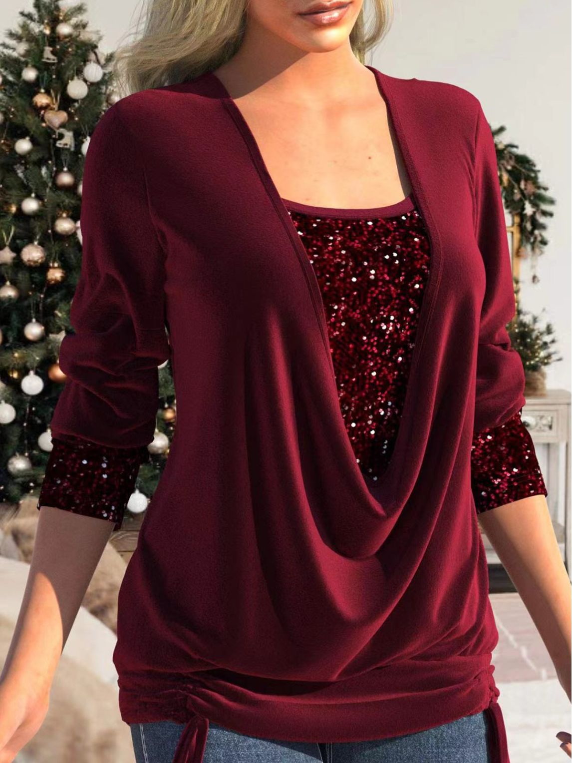 🎁Big sale 49% OFF 🎁Sequin Loose Smocked Fake Two-Piece Top