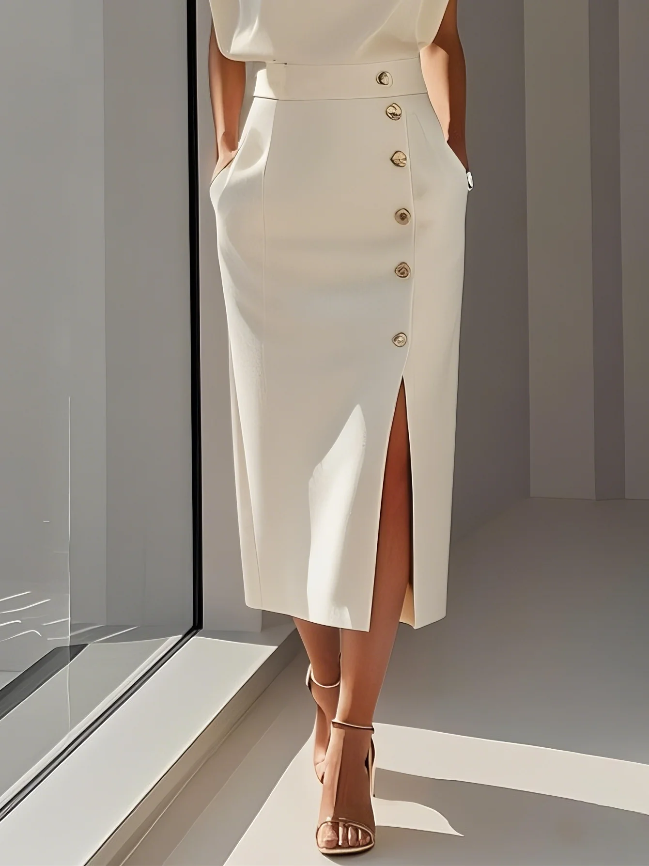 Solid Color Button Slit Crew Neck Sheath Midi Dress